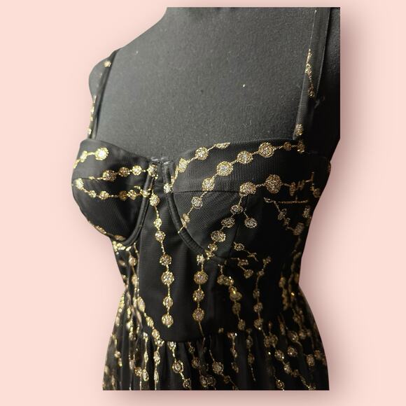 Women's Black Gold Bustier Mini Dress Size 4 Whimsygoth Fairy Grunge Hoco Tulle - Picture 4 of 5